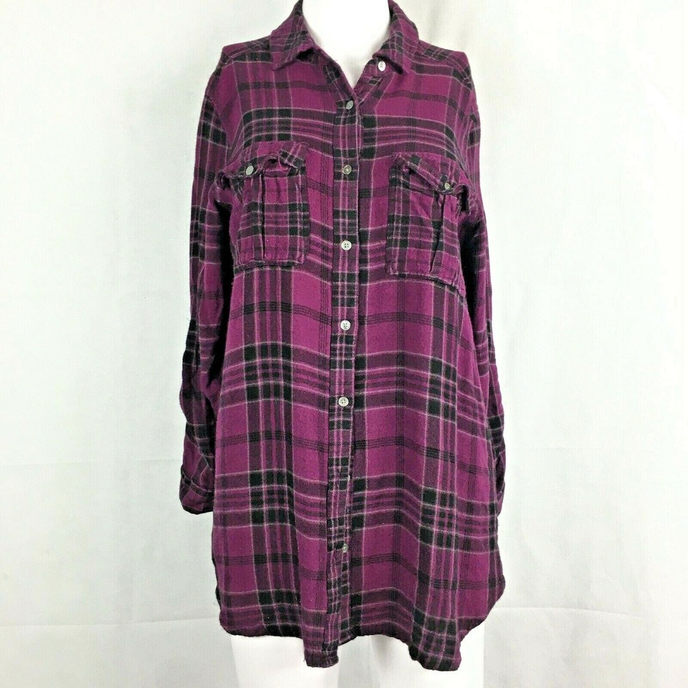 Intro Shirt Womens Sz S Purple Black Plaid Rayon Flannel Button Up Tunic Top